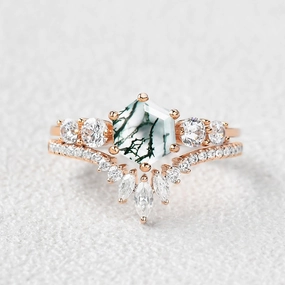 Round Staccato Hexagon Moss Agate Engagement Ring Set 2pcs Luxury Finish Shine Elegant accessory