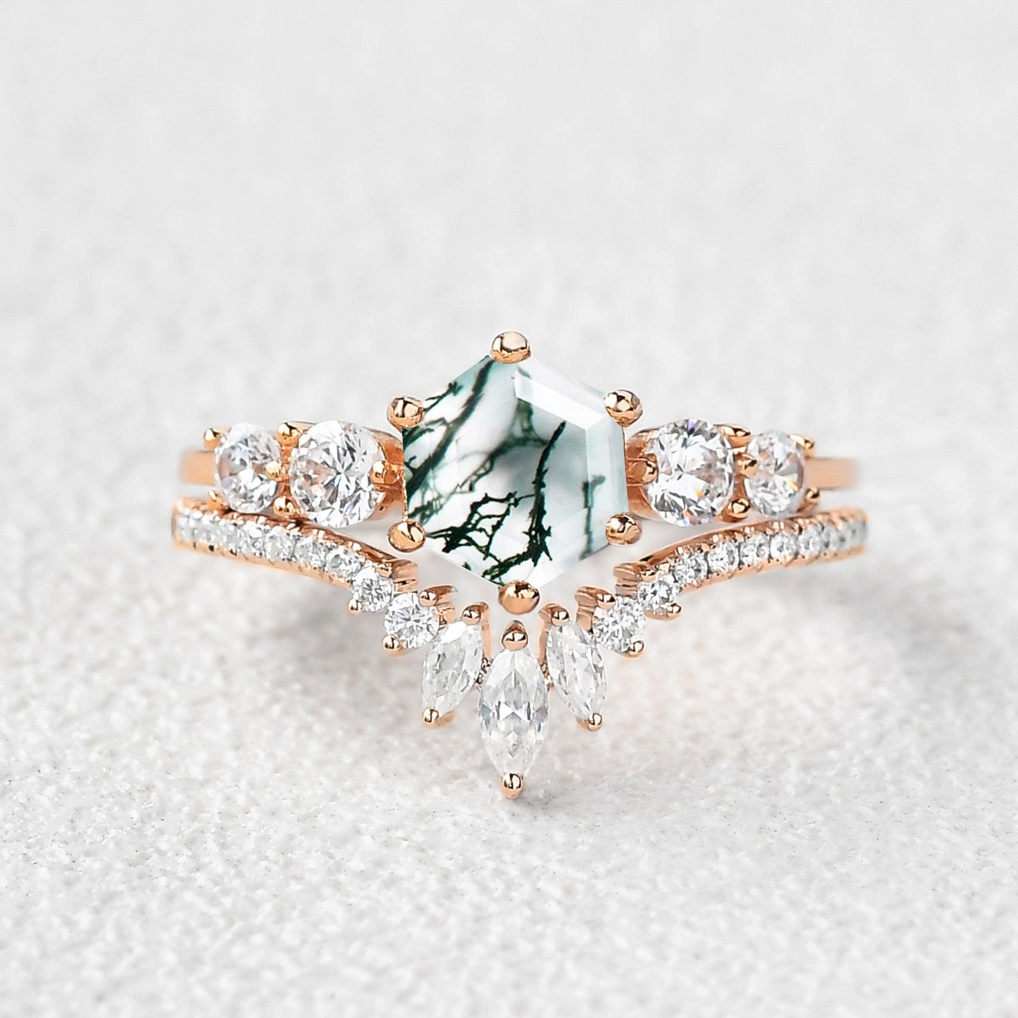 Round Staccato Hexagon Moss Agate Engagement Ring Set 2pcs Luxury Finish Shine Elegant accessory