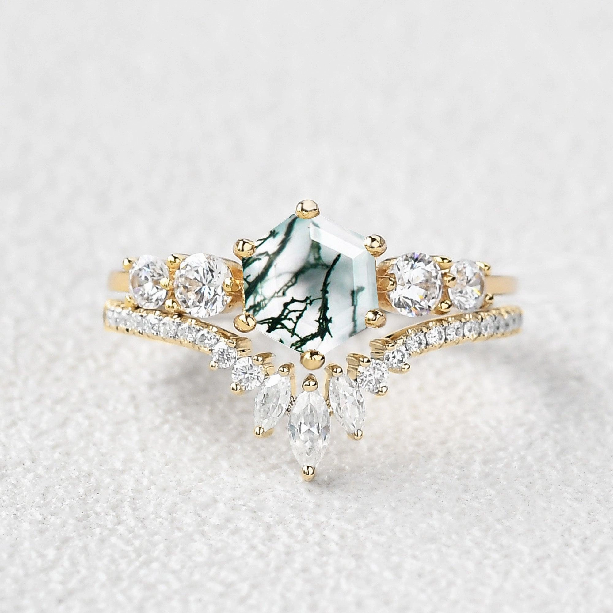 Round Staccato Hexagon Moss Agate Engagement Ring Set 2pcs Fashion Jewelry Look Daily Style