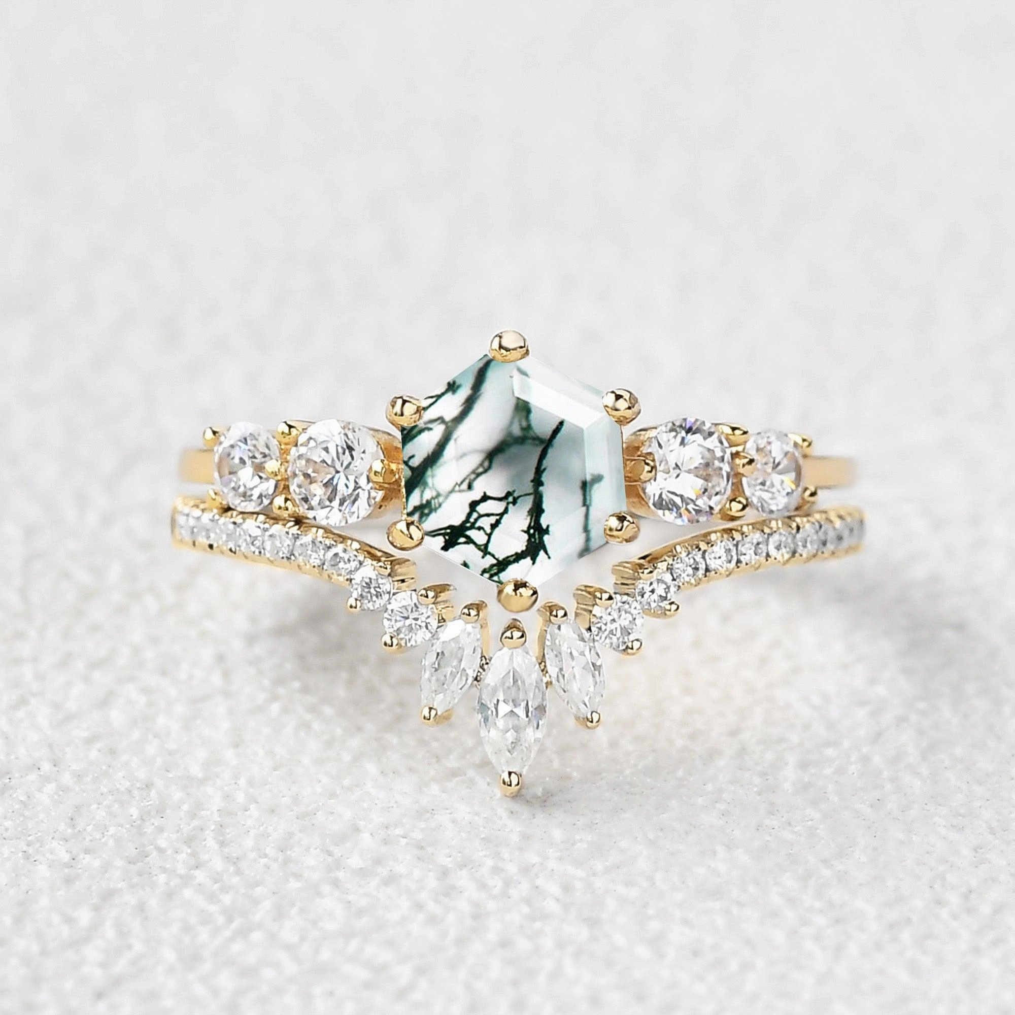 Graceful Vibe Round Staccato Hexagon Moss Agate Engagement Ring Set 2pcs