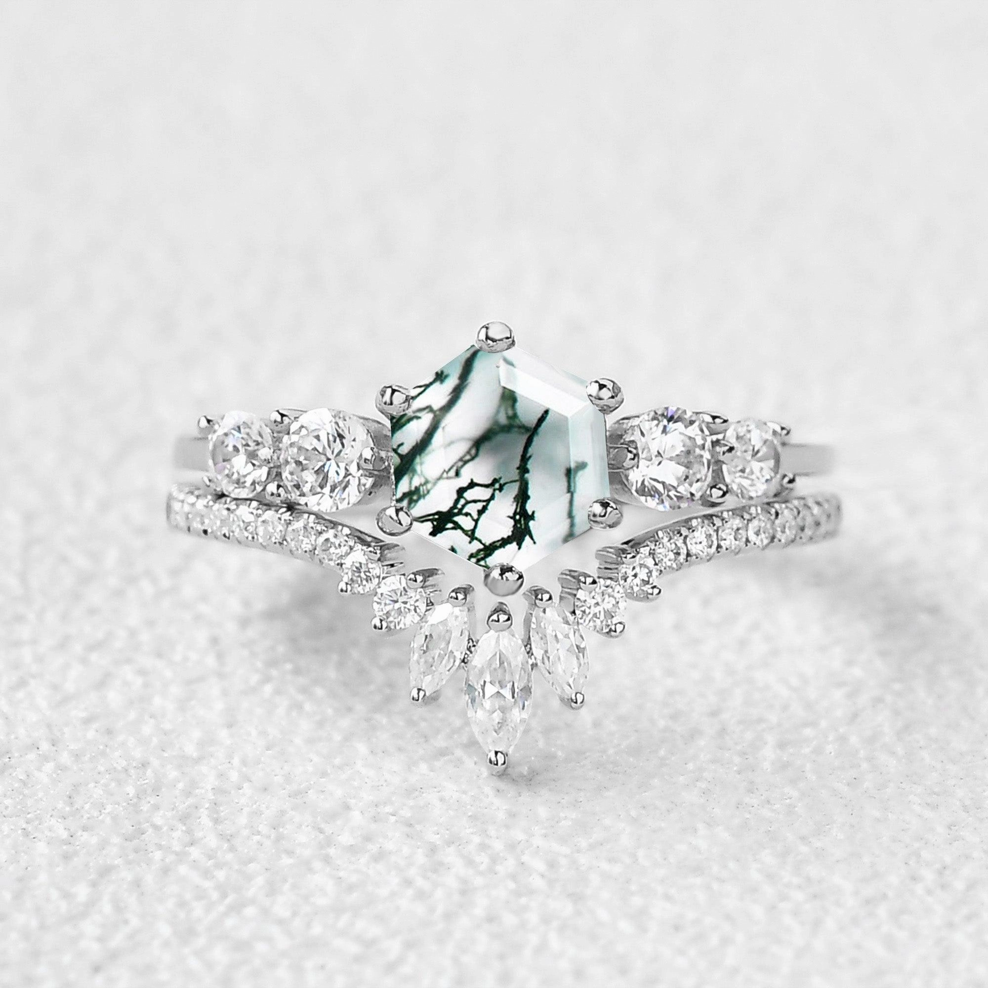 Round Staccato Hexagon Moss Agate Engagement Ring Set 2pcs Everyday Sparkle Casual Gift