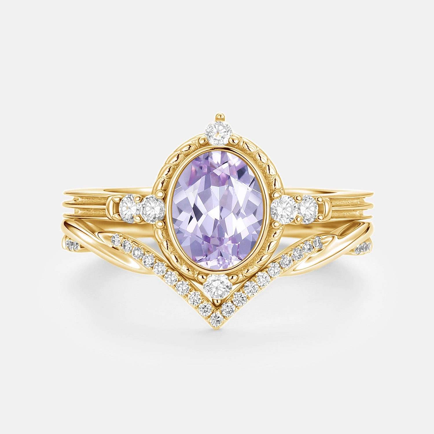 Everyday Feature Oval Vintage Lab Lavender Sapphire Engagement Ring Sets 2pcs - Lilac