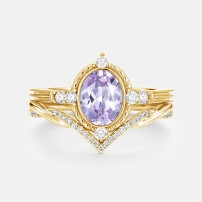 Everyday Feature Oval Vintage Lab Lavender Sapphire Engagement Ring Sets 2pcs - Lilac