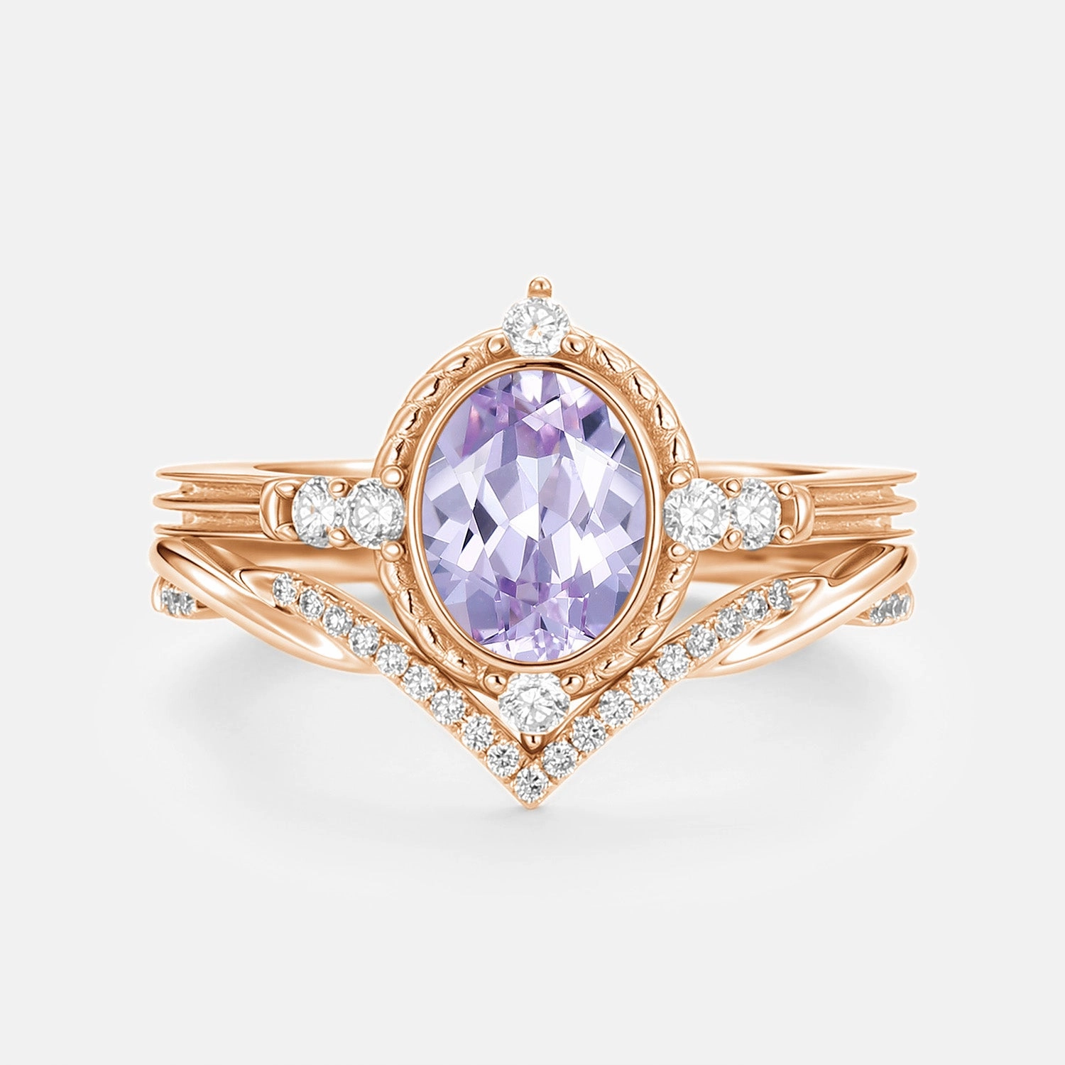 Flat Detail Timeless Duo Oval Vintage Lab Lavender Sapphire Engagement Ring Sets 2pcs - Lilac