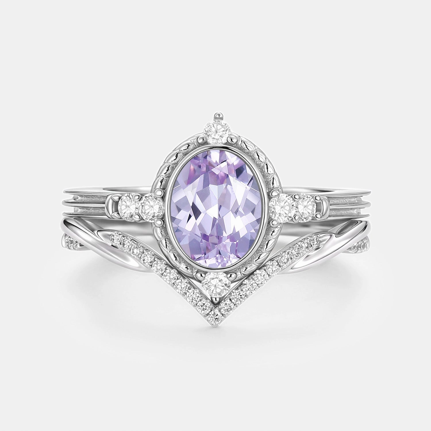 Oval Vintage Lab Lavender Sapphire Engagement Ring Sets 2pcs - Lilac Highlight Edge