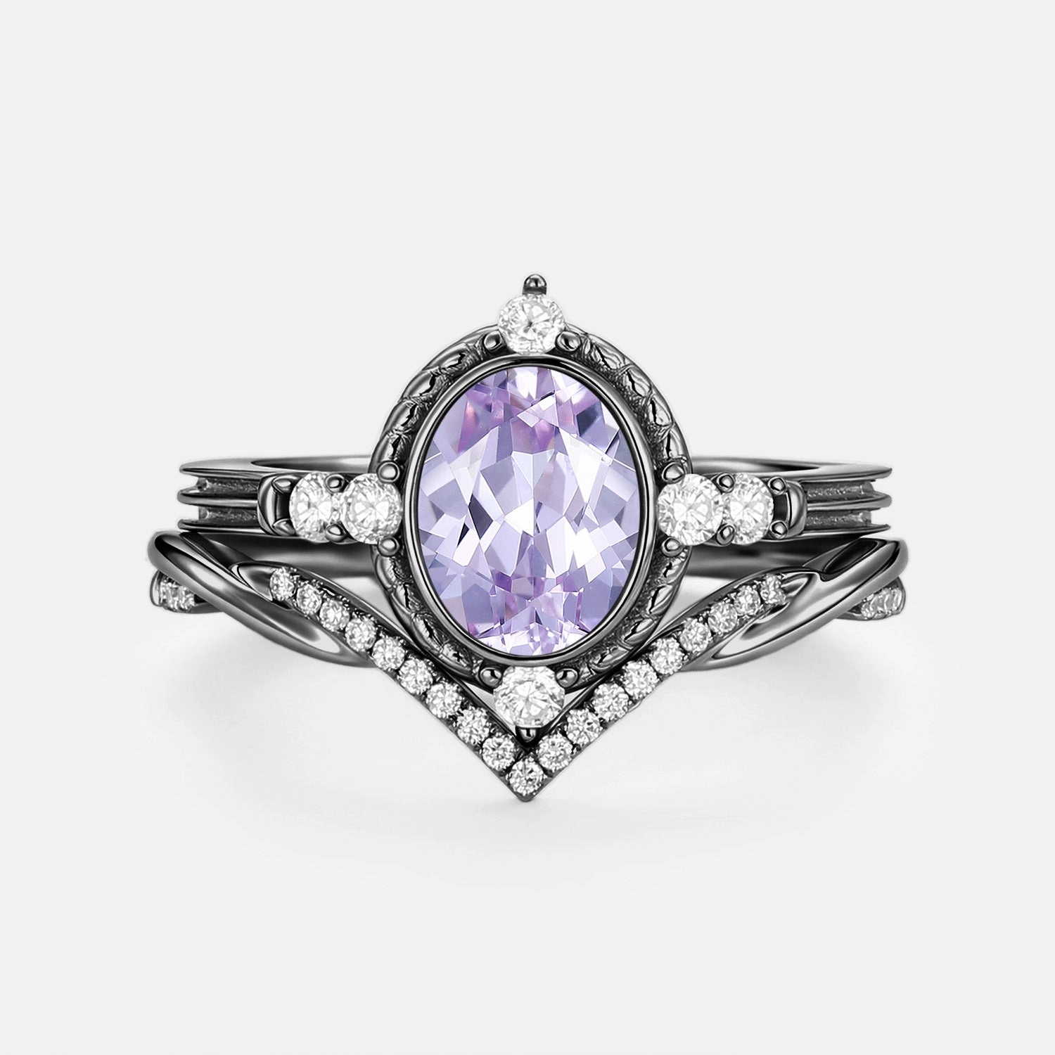 Oval Vintage Lab Lavender Sapphire Engagement Ring Sets 2pcs - Lilac Elegant Charm Cool Finish