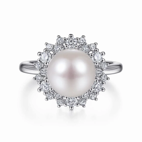 14K White Gold Round Pearl and Diamond Halo Ring Simple Style