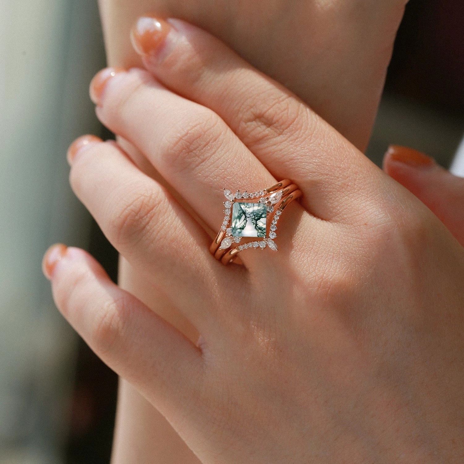 Dazzling Charm Moss Agate Princess Cut Cluster Engagement Ring Set 3pcs