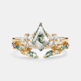Comfort Mood Kite Cut Moss Agate Leafy Engagement Ring Set 2pcs - Zephyr