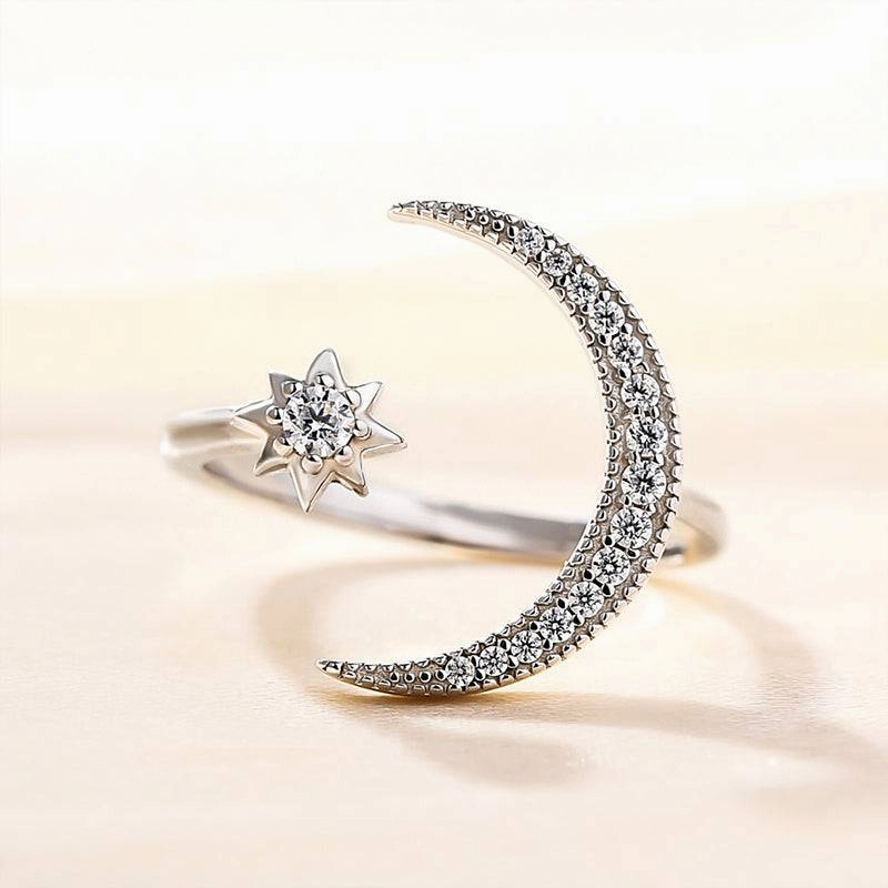 Signature Touch Striking Detail Louily Crescent Moon & Star Adjustable Open Ring In Sterling Silver