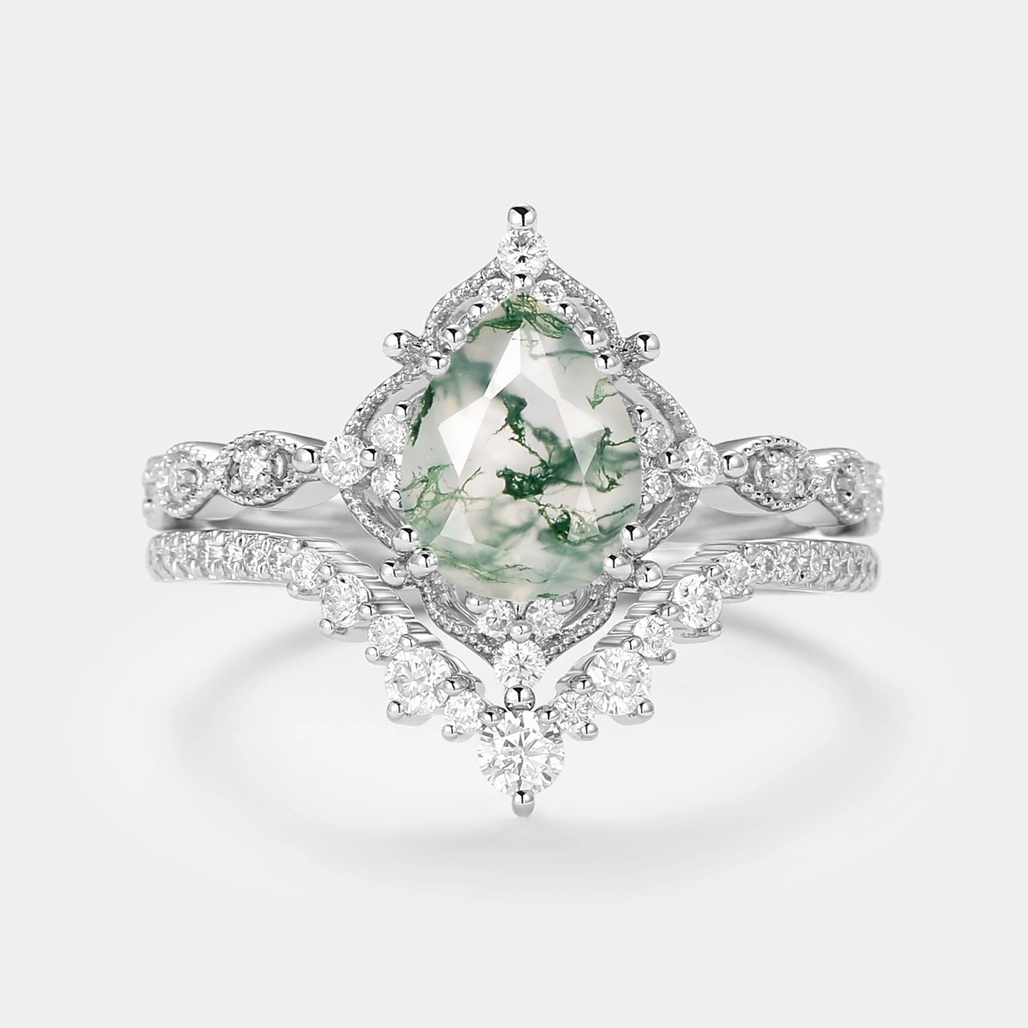 Bridal Style Travel Essential Signature Vintage - Pear Cut Moss Agate Vintage Ring Set 2pcs - Charlotte