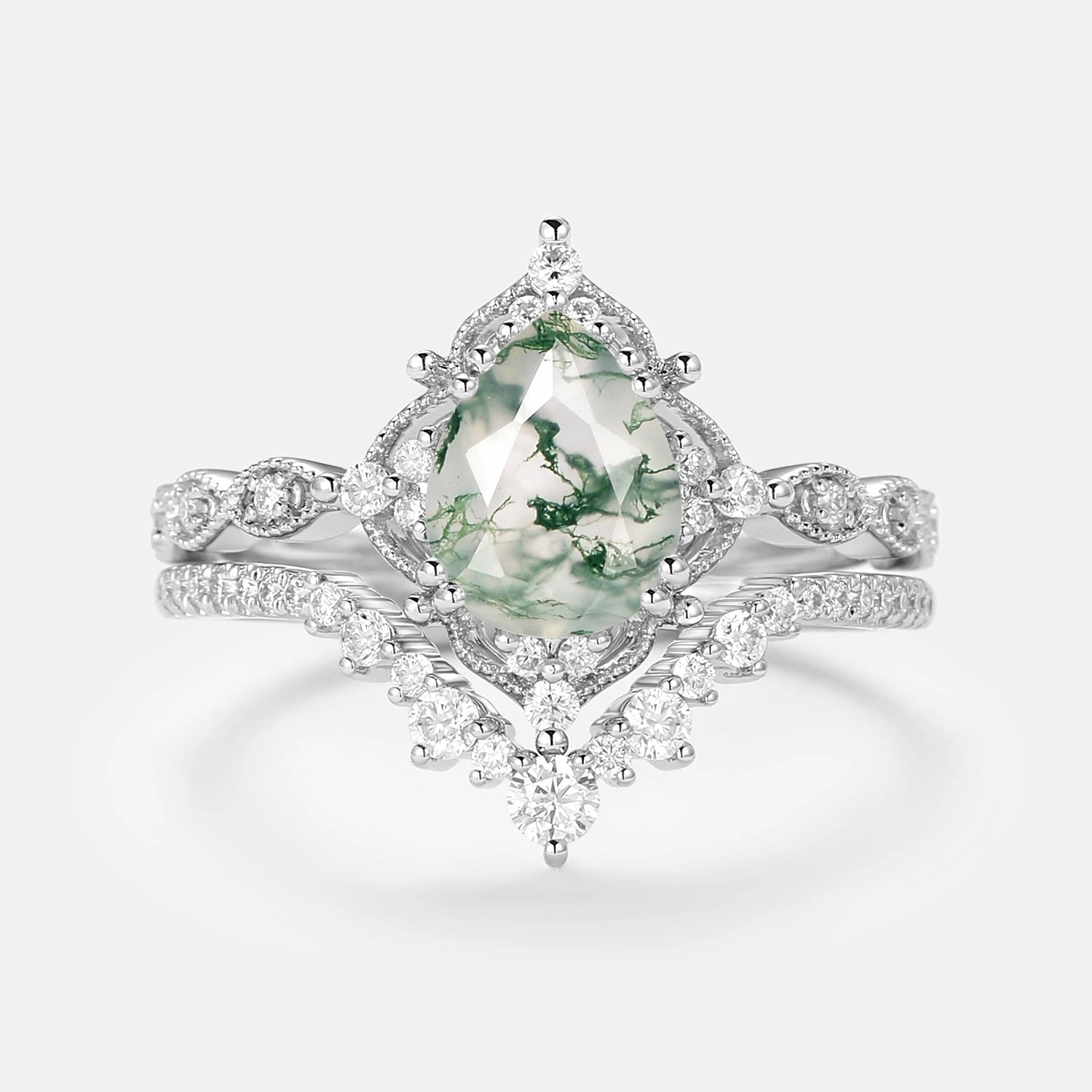 Elite Highlight Signature Vintage - Pear Cut Moss Agate Vintage Ring Set 2pcs - Charlotte