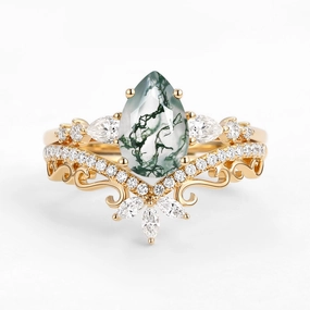 Signature Vintage Pear Moss Agate Staccato Ring Set 2pcs Comfort Mood