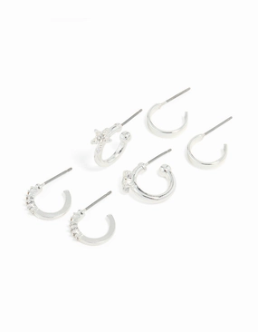 Silver Diamante Star & Smooth Hoop Earrings 3-Pack City Elegance