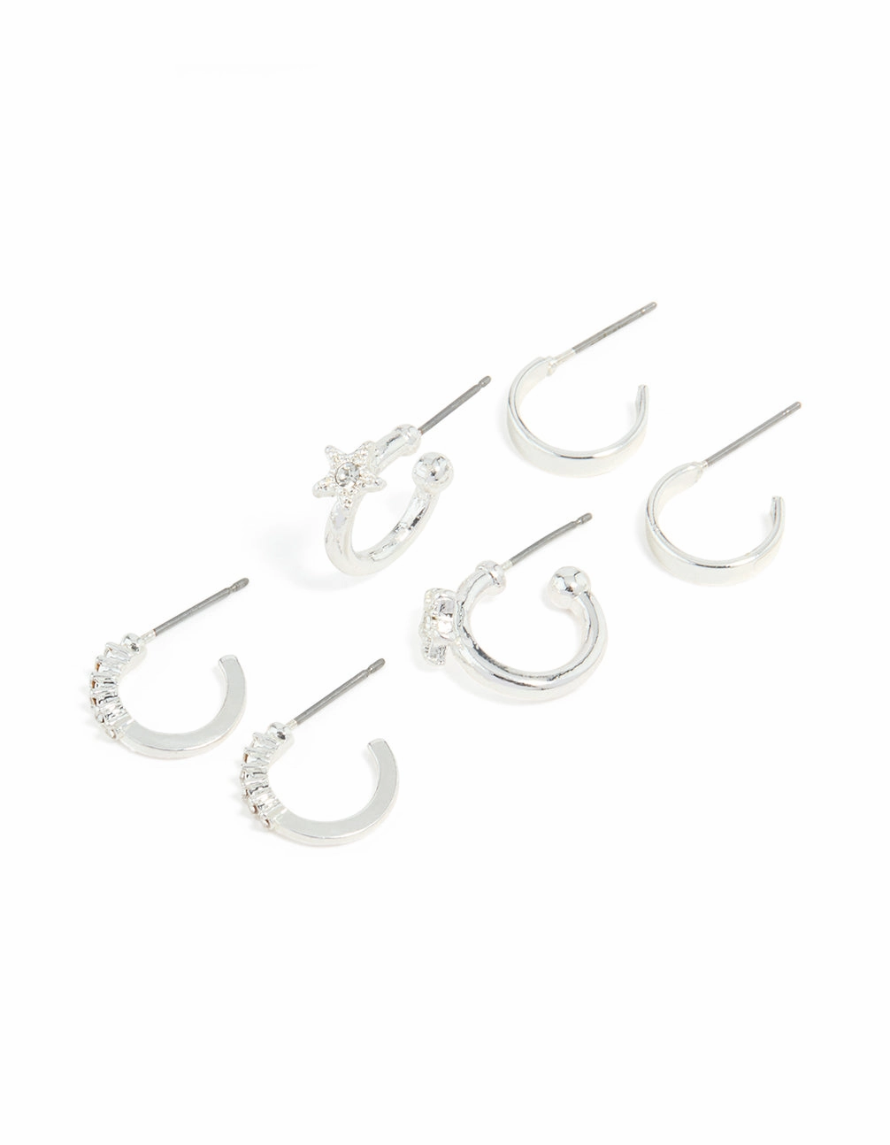 Silver Diamante Star & Smooth Hoop Earrings 3-Pack City Elegance