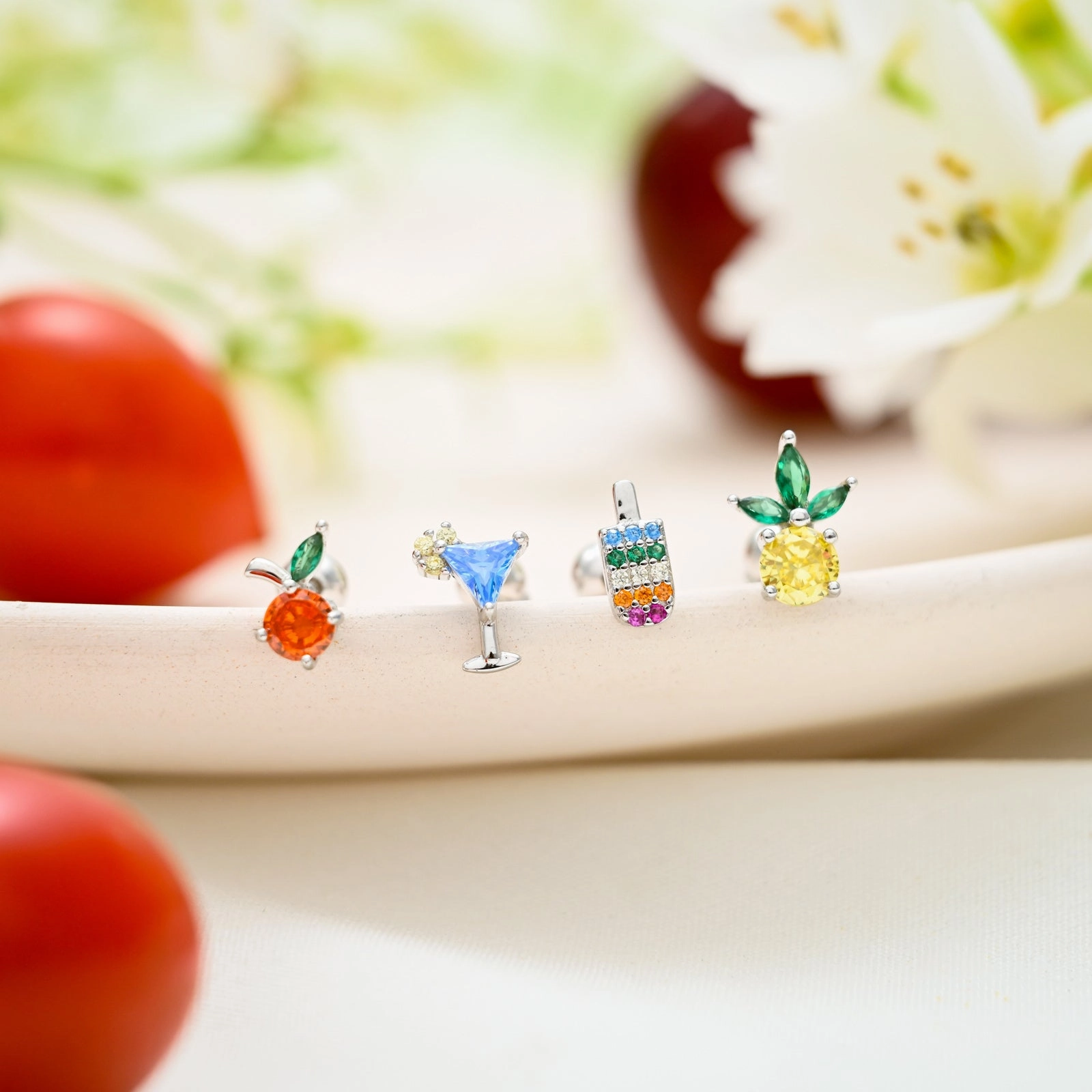 Silver Fruit Earrings Set Bold Charm Statement Accessory