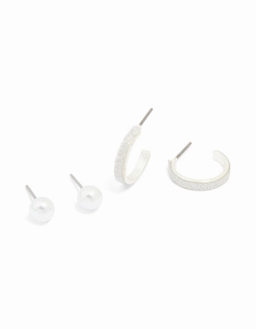 Silver Pearl Studs & Glitter Hoop Earrings 2-Pack Metallic Touch Vibrant Jewelry