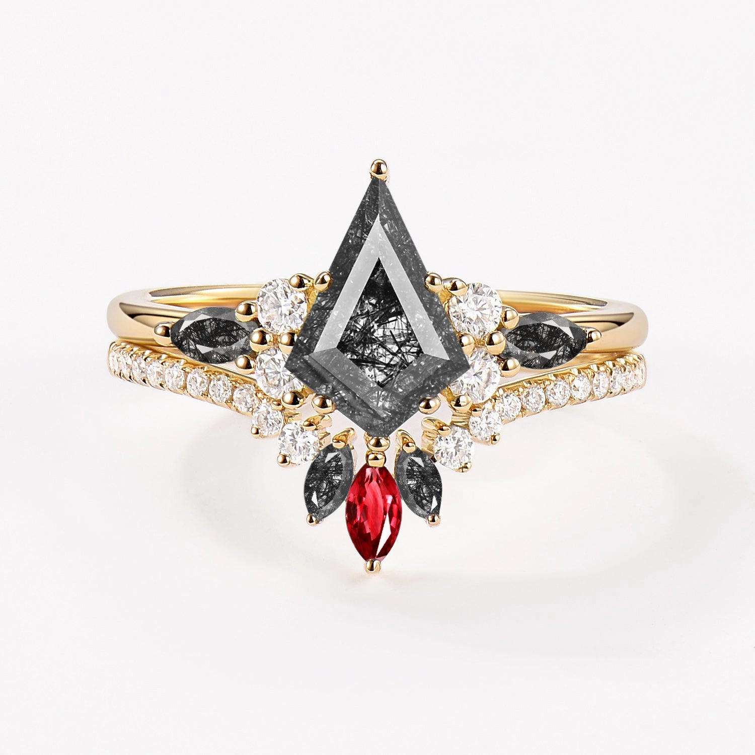 Unique Kite Black Rutilated Quartz Classic Engagement Ring Set 2pcs - Rebecca Flawless Radiance Vibrant Shine Pieces