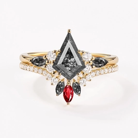 Unique Kite Black Rutilated Quartz Classic Engagement Ring Set 2pcs - Rebecca Flawless Radiance Vibrant Shine Pieces