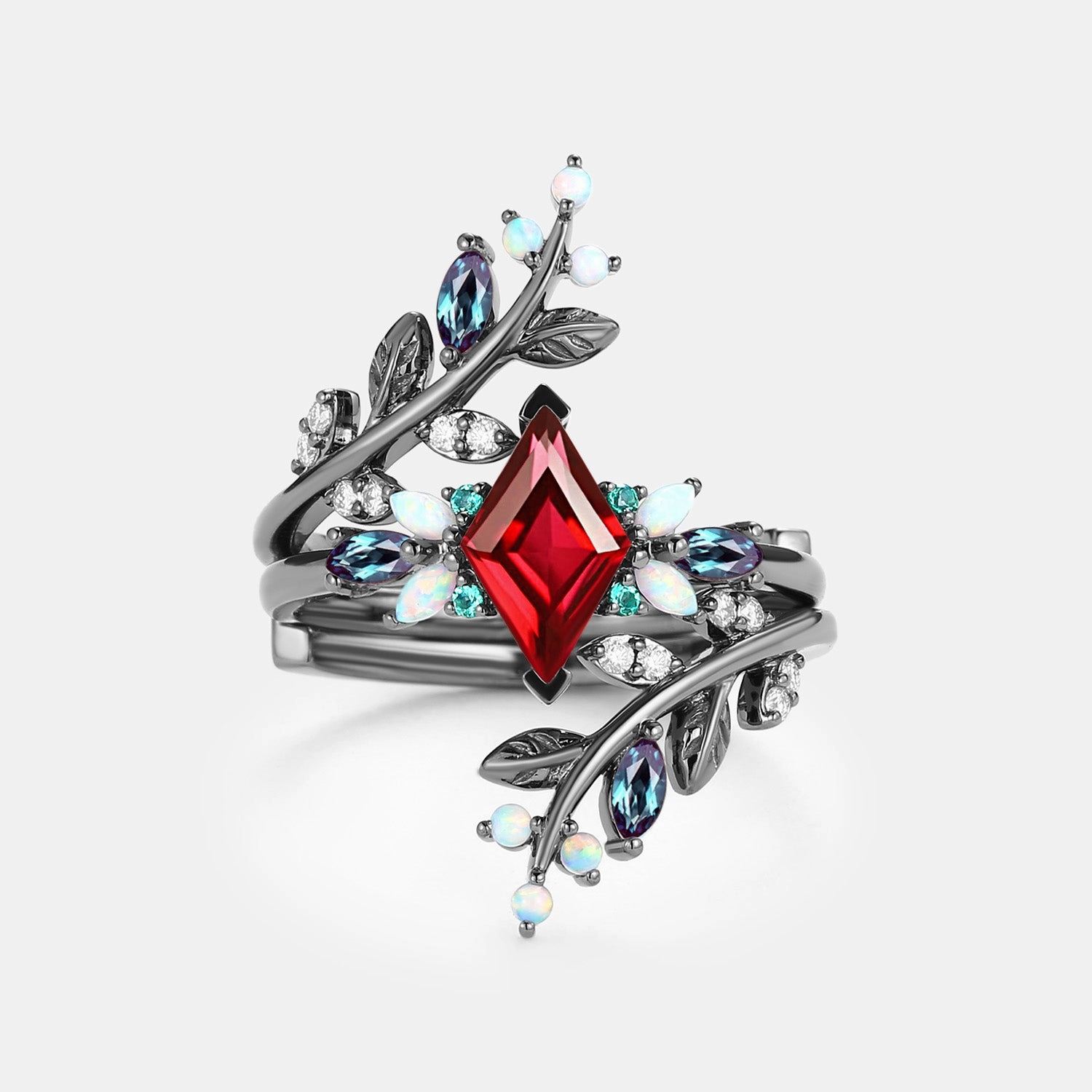 Glow Ready Black Gold Ruby & Opal & Emerald Cage Leafy Engagement Ring 2pcs - Knight