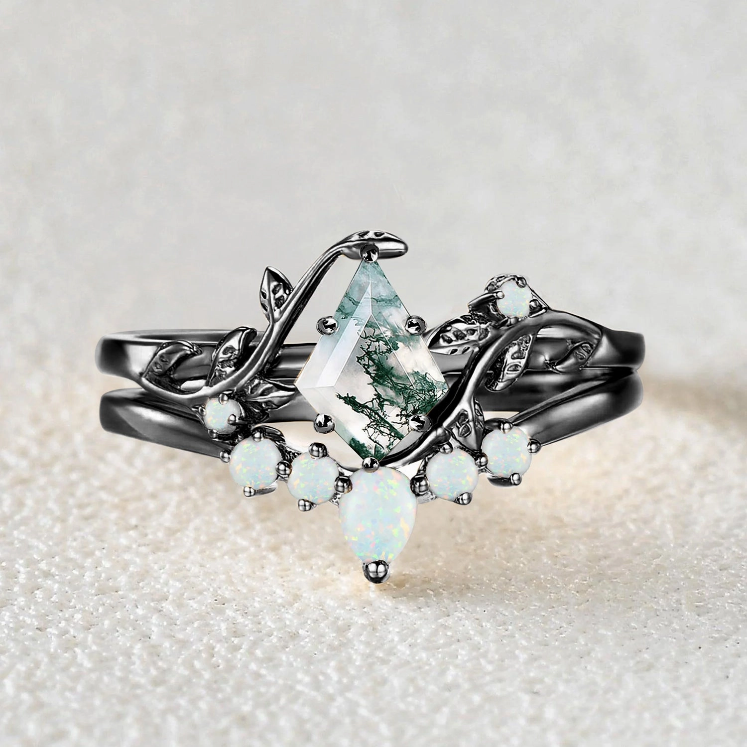 Colorful Stones Unique Kite Cut Moss Agate Leafy Bridal Ring Sets 2pcs - Willow Weekend Ready clean look
