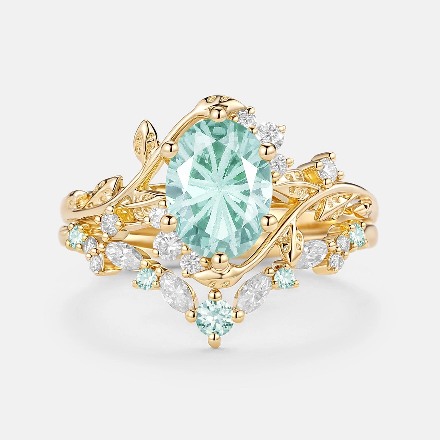 Firework Cut Oval Leafy Lab Green Sapphire Engagement Ring Set 2pcs - Lilac Timeless Fashion Gifting Light