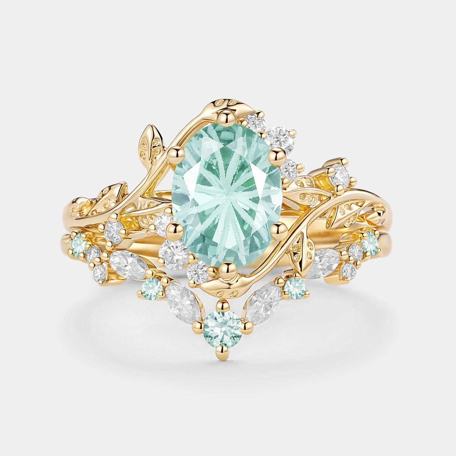 Shimmer Light Eye-Catching Craft Firework Cut Oval Leafy Lab Green Sapphire Engagement Ring Set 2pcs - Lilac