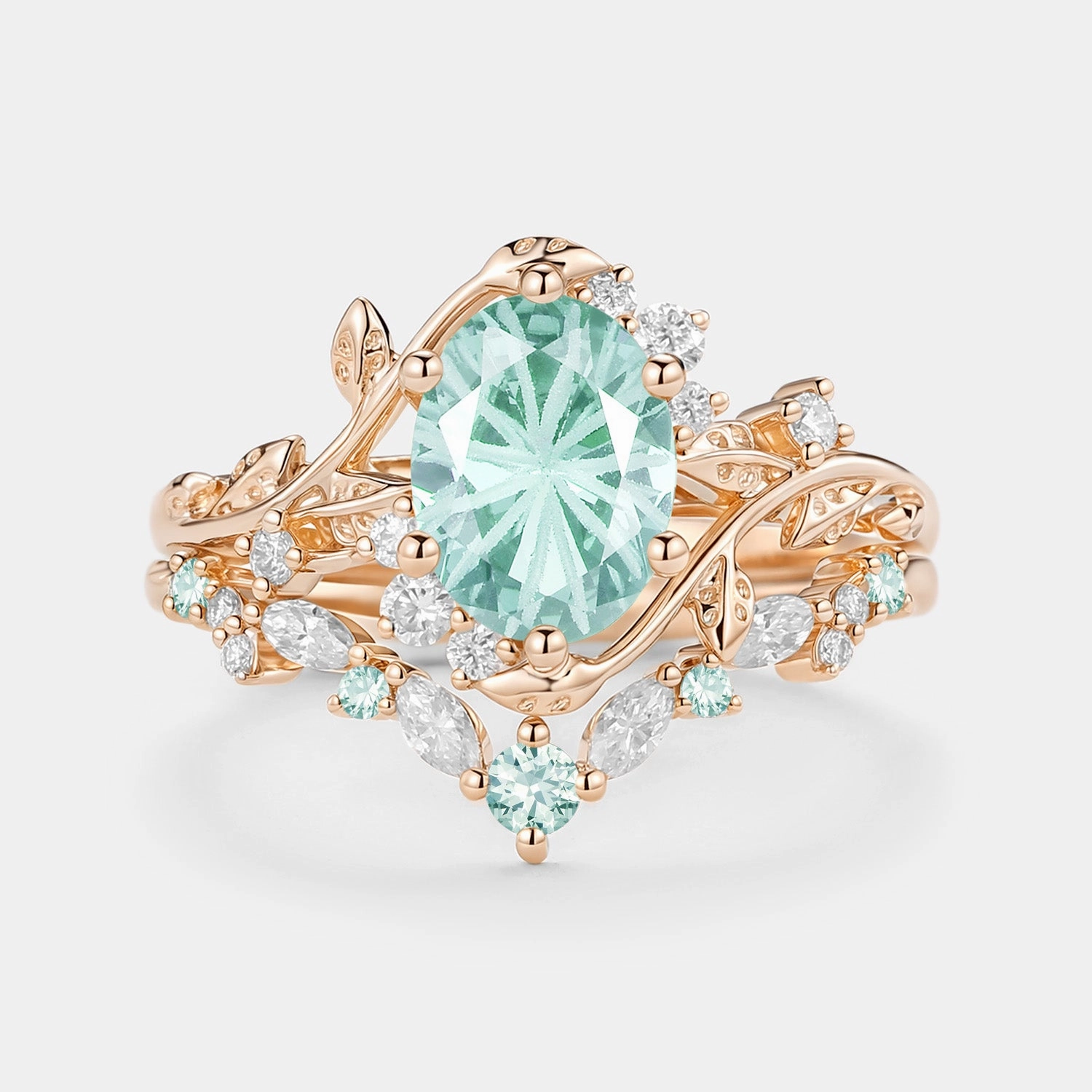 Exquisite Jewelry Fashionable pieces Firework Cut Oval Leafy Lab Green Sapphire Engagement Ring Set 2pcs - Lilac