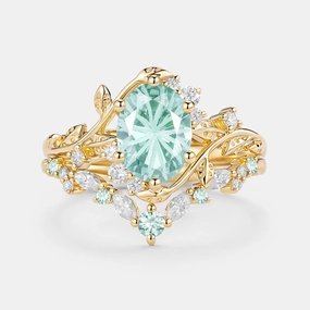 Firework Cut Oval Leafy Lab Green Sapphire Engagement Ring Set 2pcs - Lilac Timeless Fashion Gifting Light