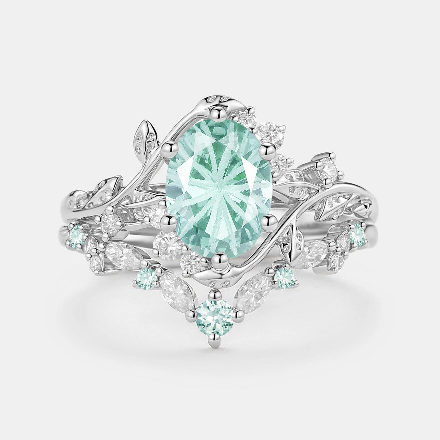 Firework Cut Oval Leafy Lab Green Sapphire Engagement Ring Set 2pcs - Lilac Refined Gift