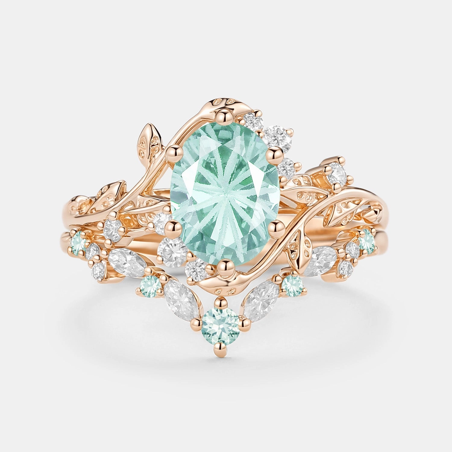 Fashion Jewelry Look Outdoor Glam Firework Cut Oval Leafy Lab Green Sapphire Engagement Ring Set 2pcs - Lilac