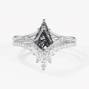 Urban Accent Shimmer Detail Kite Cut Uniqueness Black Rutilated Quartz Engagement Ring Set 2pcs