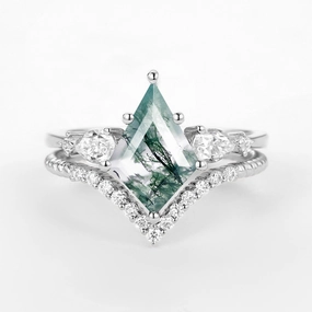 Exclusive Glam Kite Moss Agate Three Stones Engagement Ring Set 2pcs - Delilah
