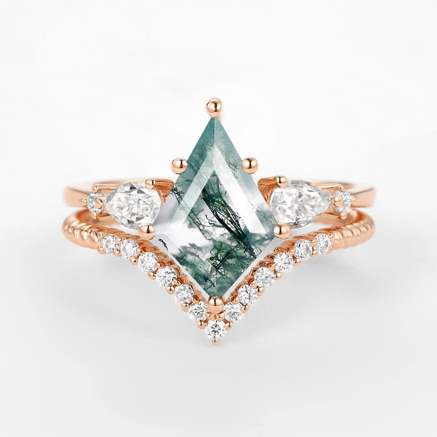 Stunning Finish Subtle Shine Kite Moss Agate Three Stones Engagement Ring Set 2pcs - Delilah