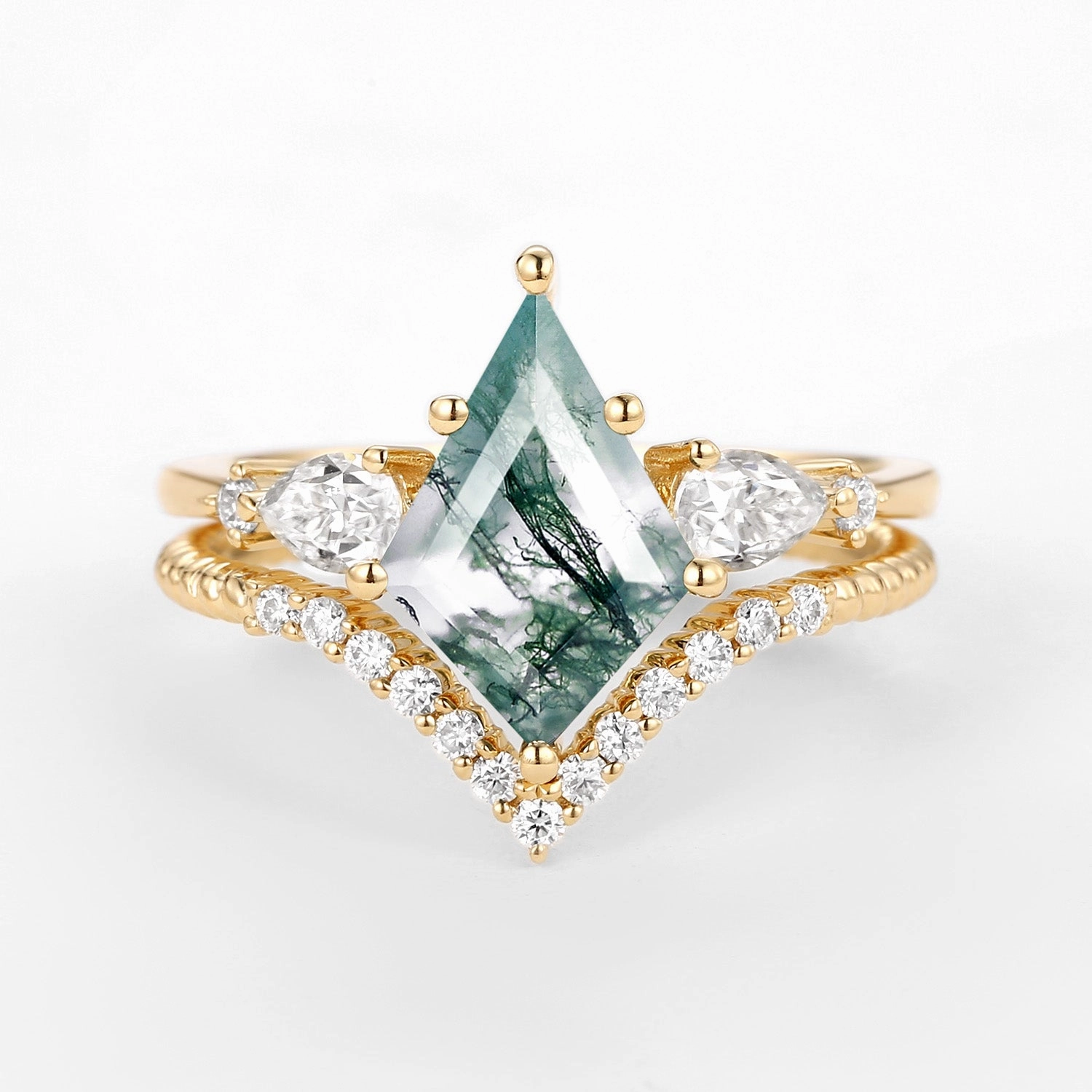 Kite Moss Agate Three Stones Engagement Ring Set 2pcs - Delilah Soft Edge