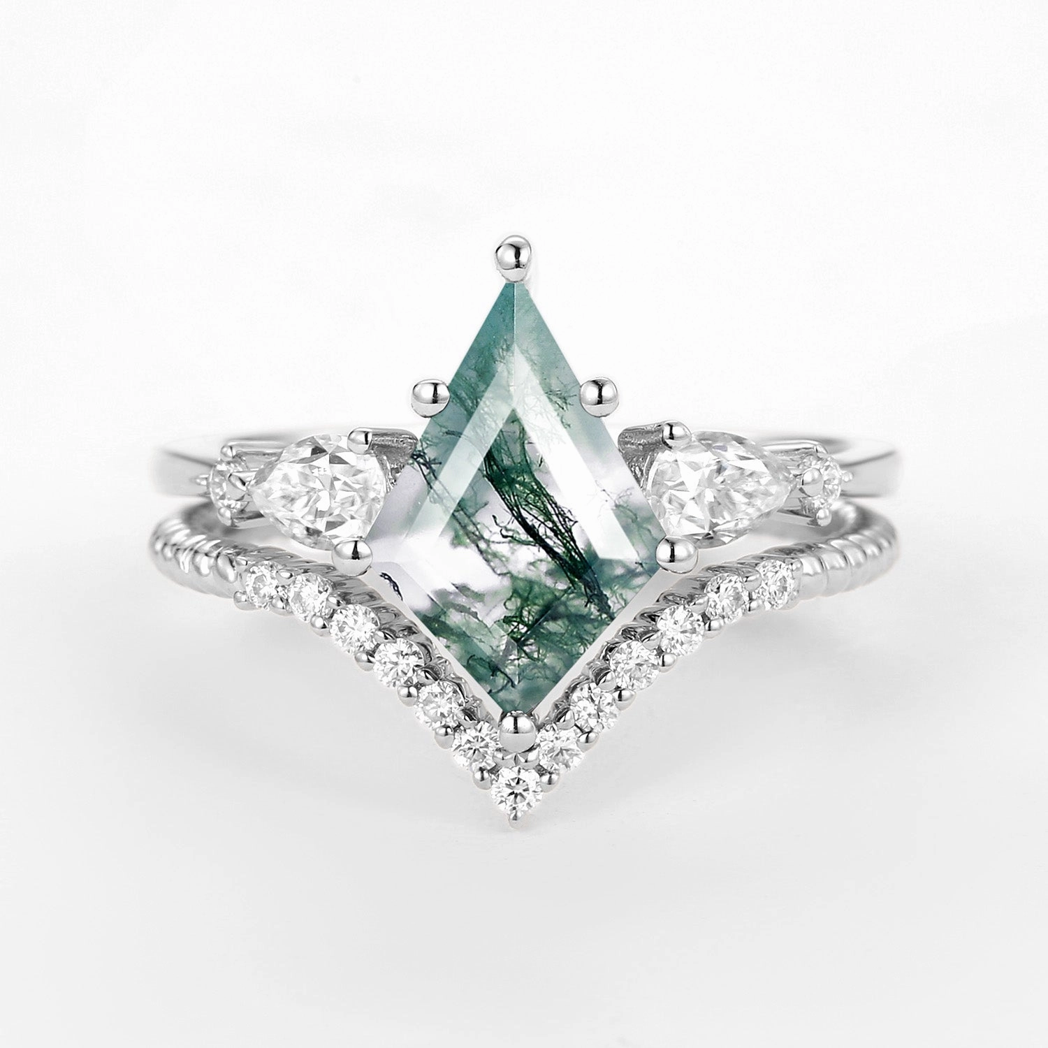 Exclusive Glam Kite Moss Agate Three Stones Engagement Ring Set 2pcs - Delilah