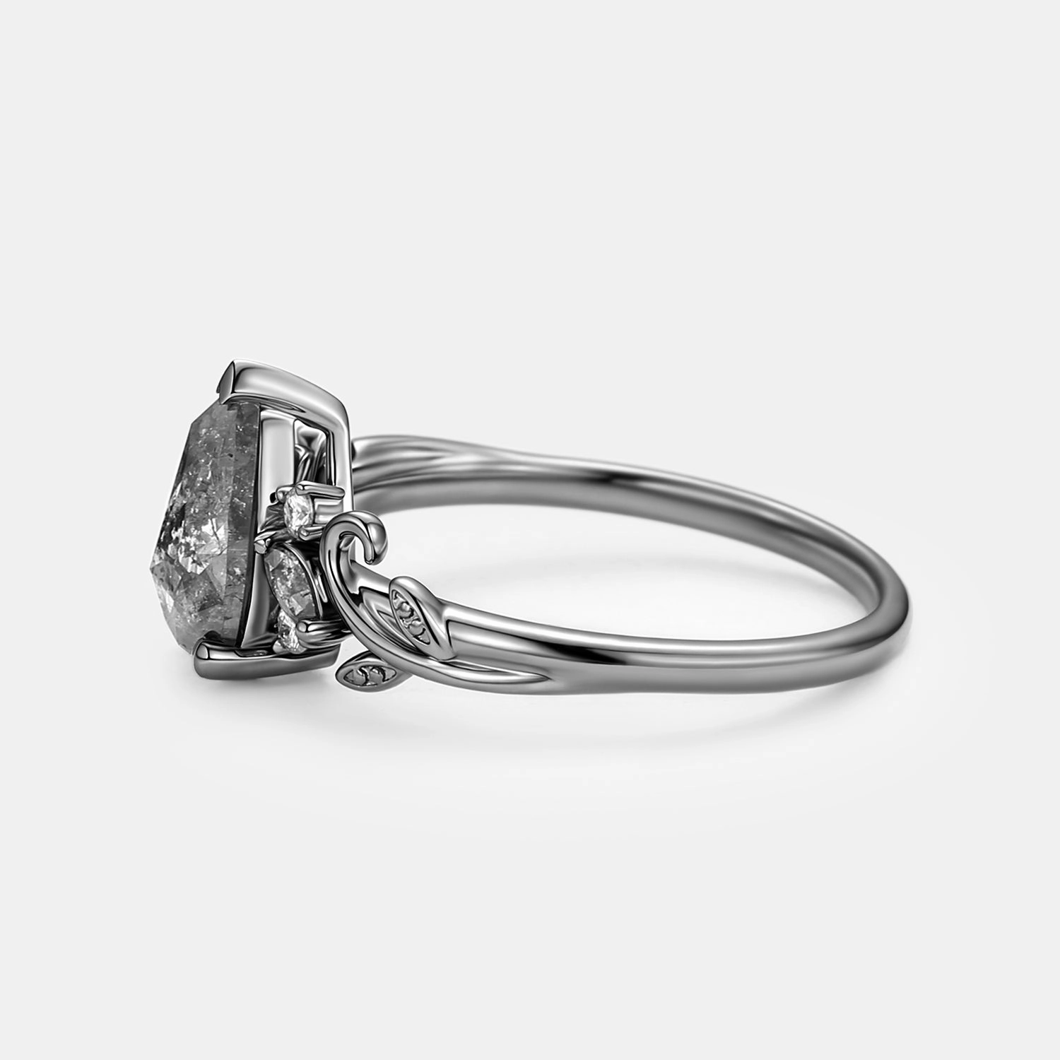 Leafy Salt and Pepper Diamonds Pear Cut Engagement Ring - Pyrrhus Contemporary Craft