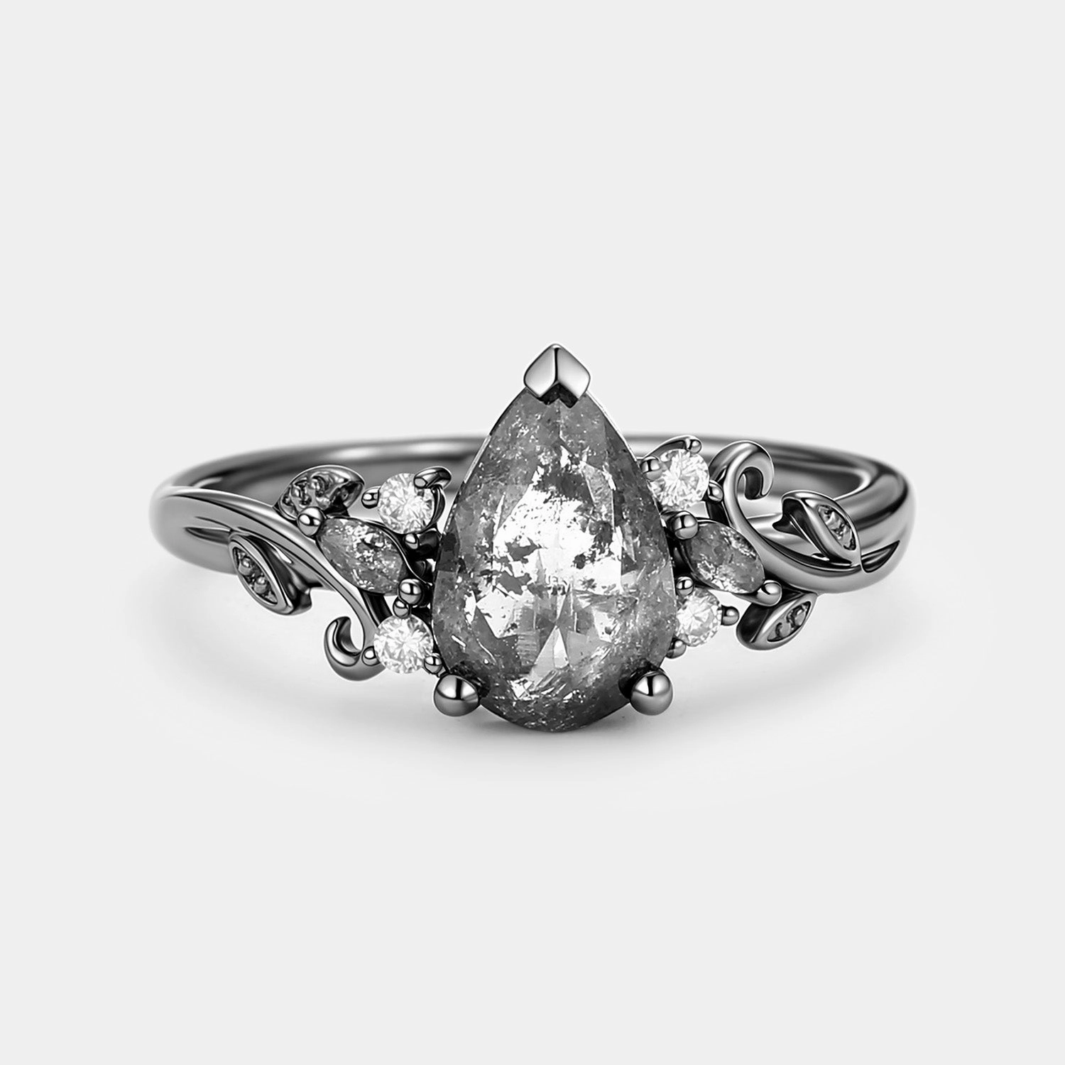 Weekend Accent Contemporary Detail Leafy Salt and Pepper Diamonds Pear Cut Engagement Ring - Pyrrhus