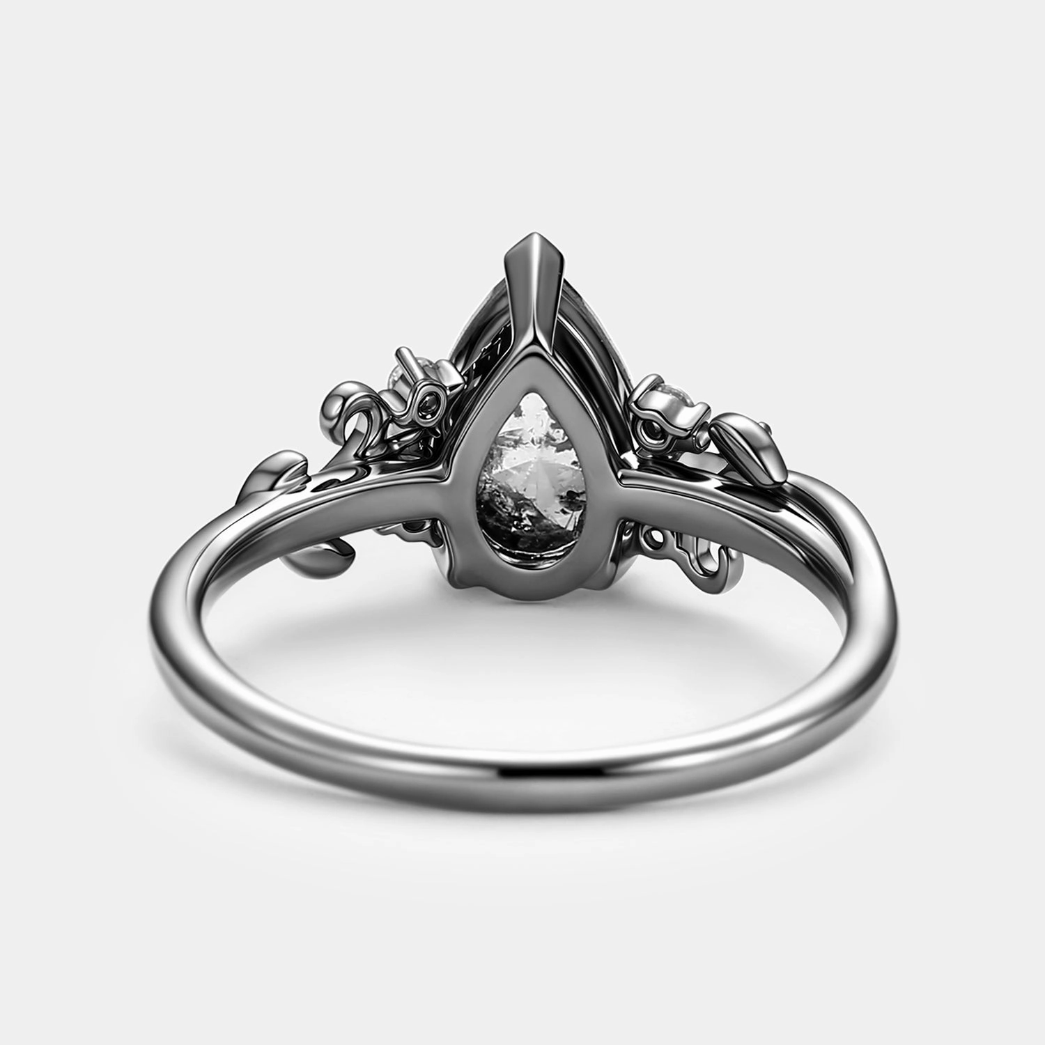 Luxury Shape Classic Appeal Leafy Salt and Pepper Diamonds Pear Cut Engagement Ring - Pyrrhus