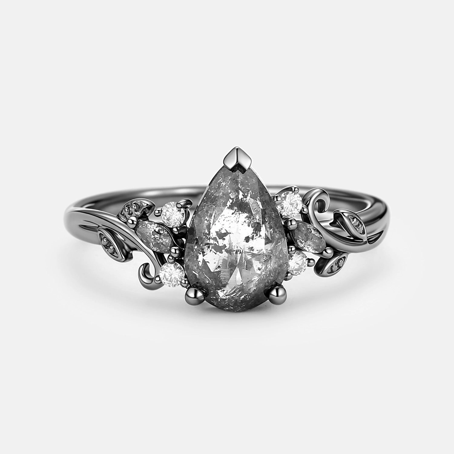 Statement Shine Pretty Accent Leafy Salt and Pepper Diamonds Pear Cut Engagement Ring - Pyrrhus