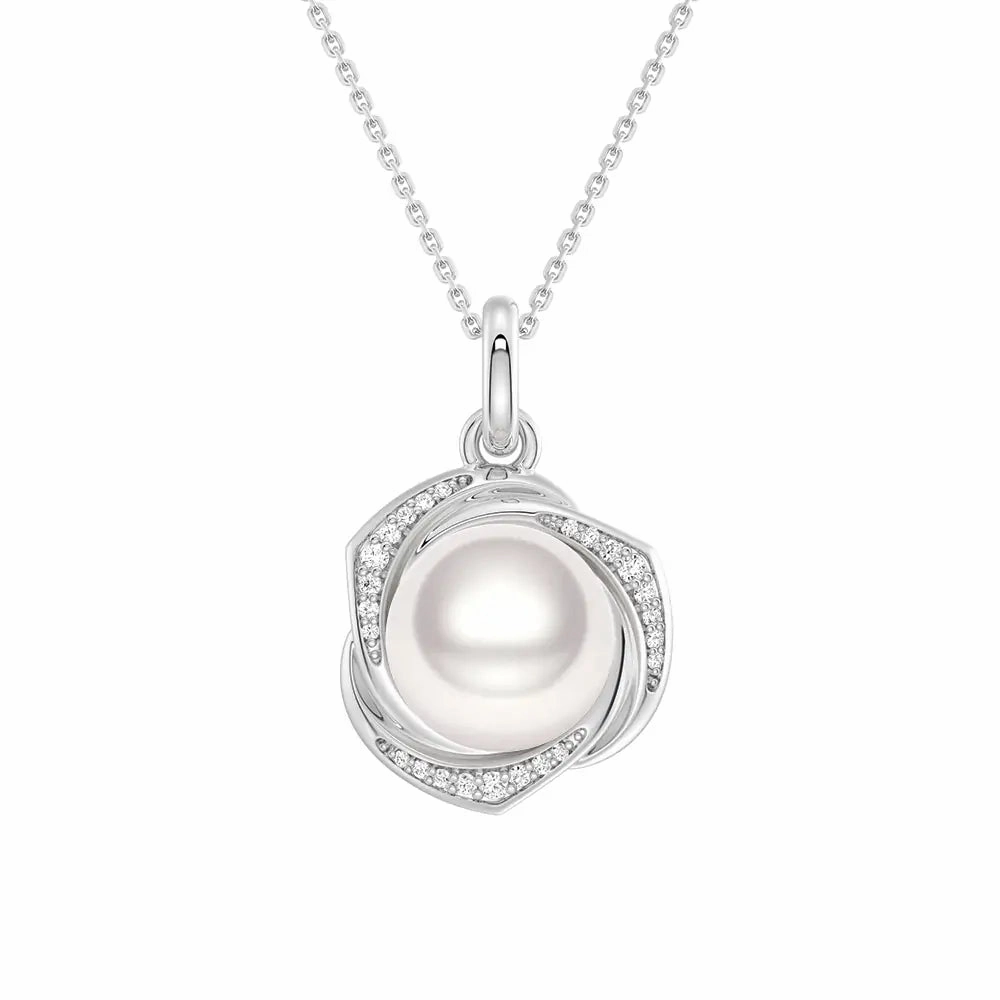 Freshwater Pearl Pendant Necklace with Diamond Floral Halo Exquisite detail Day Accent