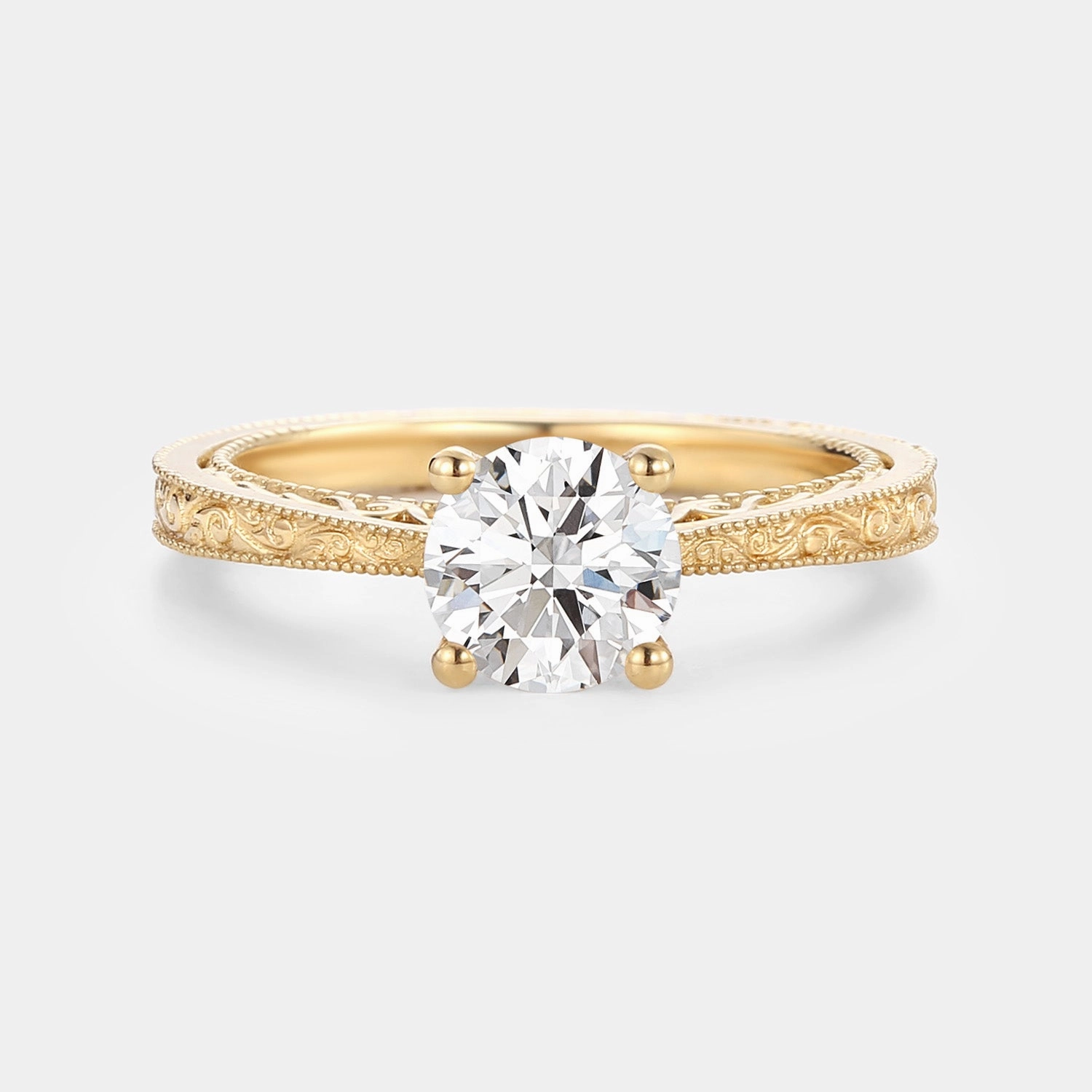Round Cut Lab Grown Diamond Engraved Solitaire Engagement Ring - Una Timeless Contour Radiant Design