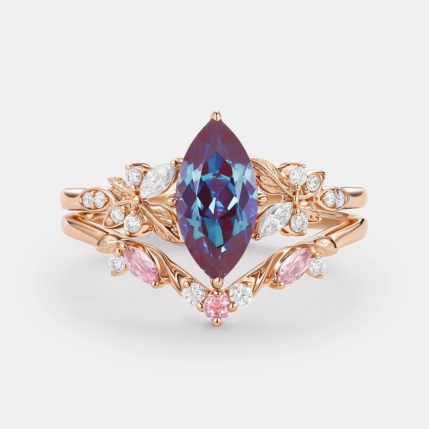 Marquise Lab Pink Sapphire Leafy Engagement Ring Sets 2pcs - Peony Winter Mood