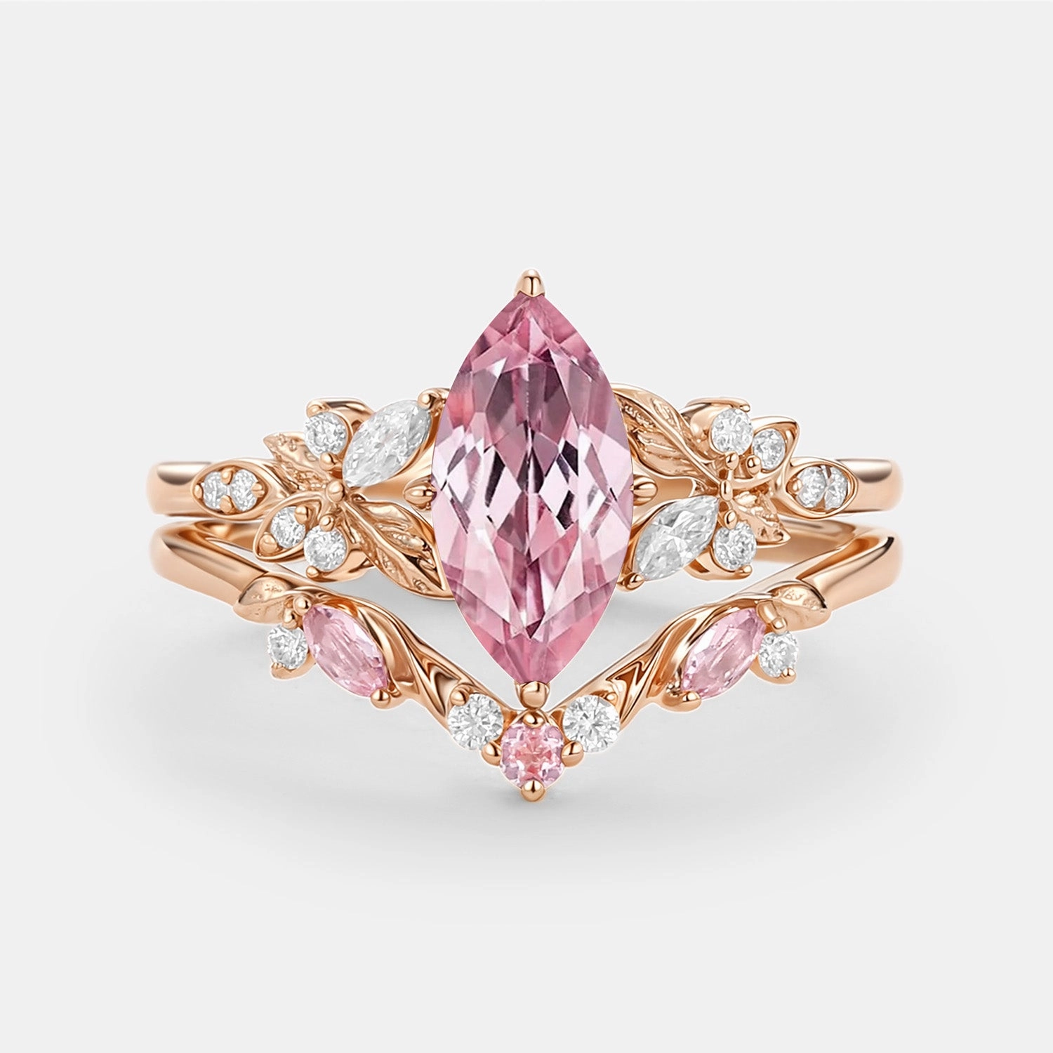 Stylish Choice Marquise Lab Pink Sapphire Leafy Engagement Ring Sets 2pcs - Peony
