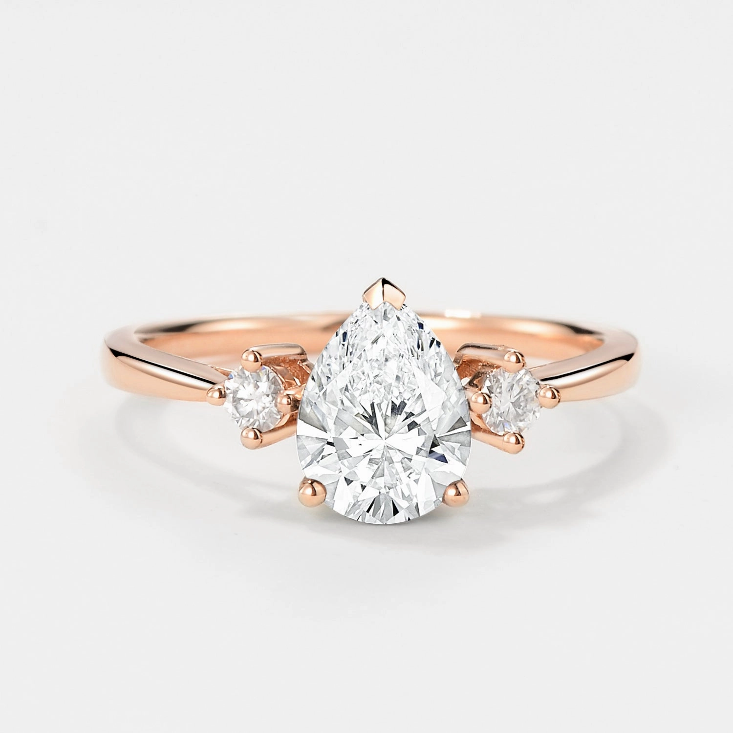 Pear Cut Lab Grown Diamond Three Stone Gold Ring Elegant Beauty Sparkle Mood