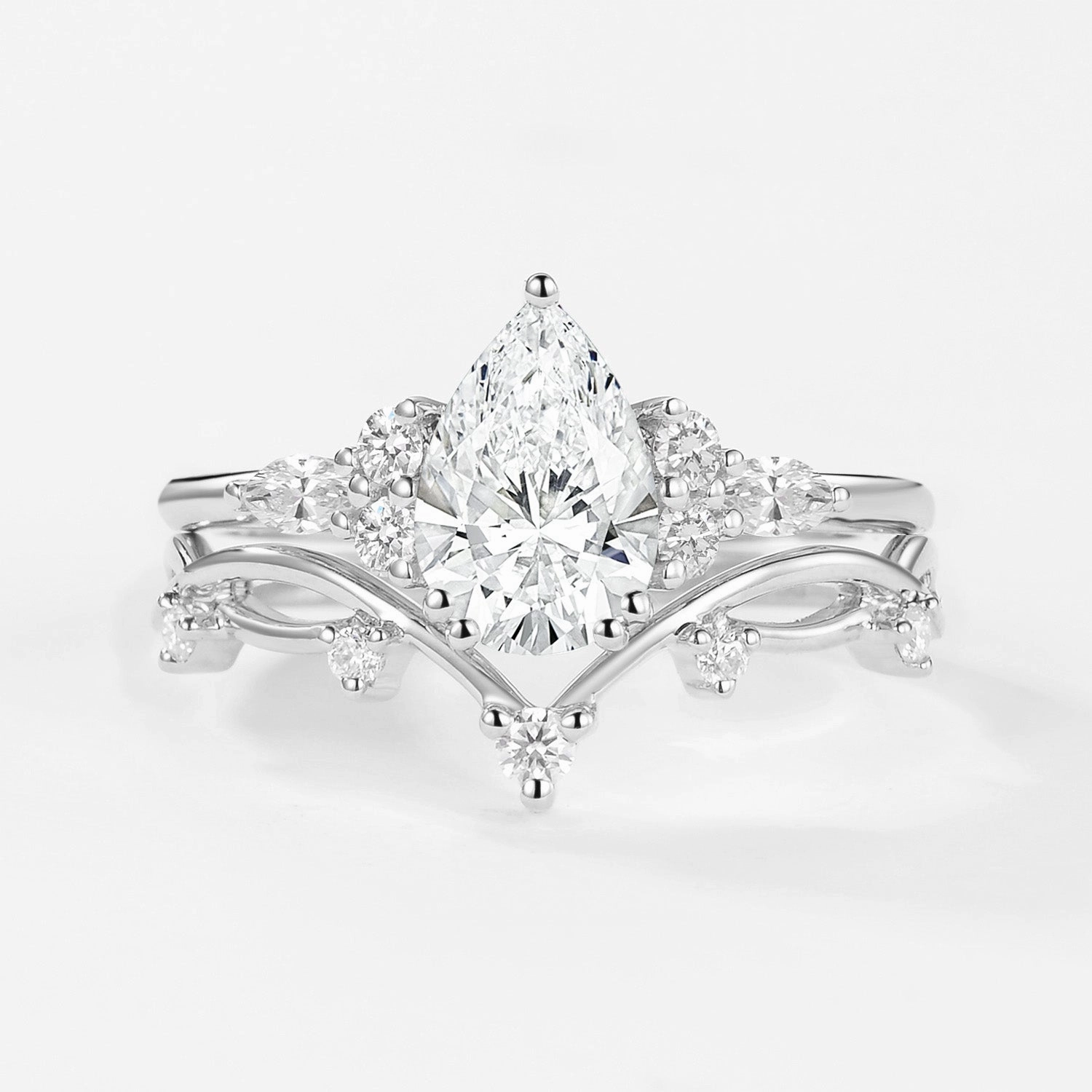 Retro Mood 1.0ct Pear Lab Grown Diamond Leafy Ring Set 2pcs - Ona