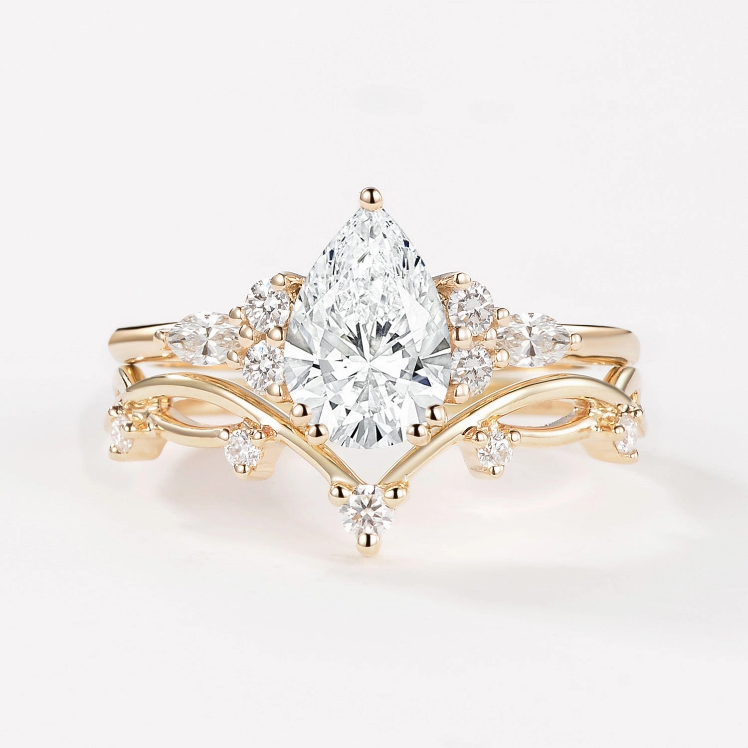 1.0ct Pear Lab Grown Diamond Leafy Ring Set 2pcs - Ona Cool Moment Shiny Style