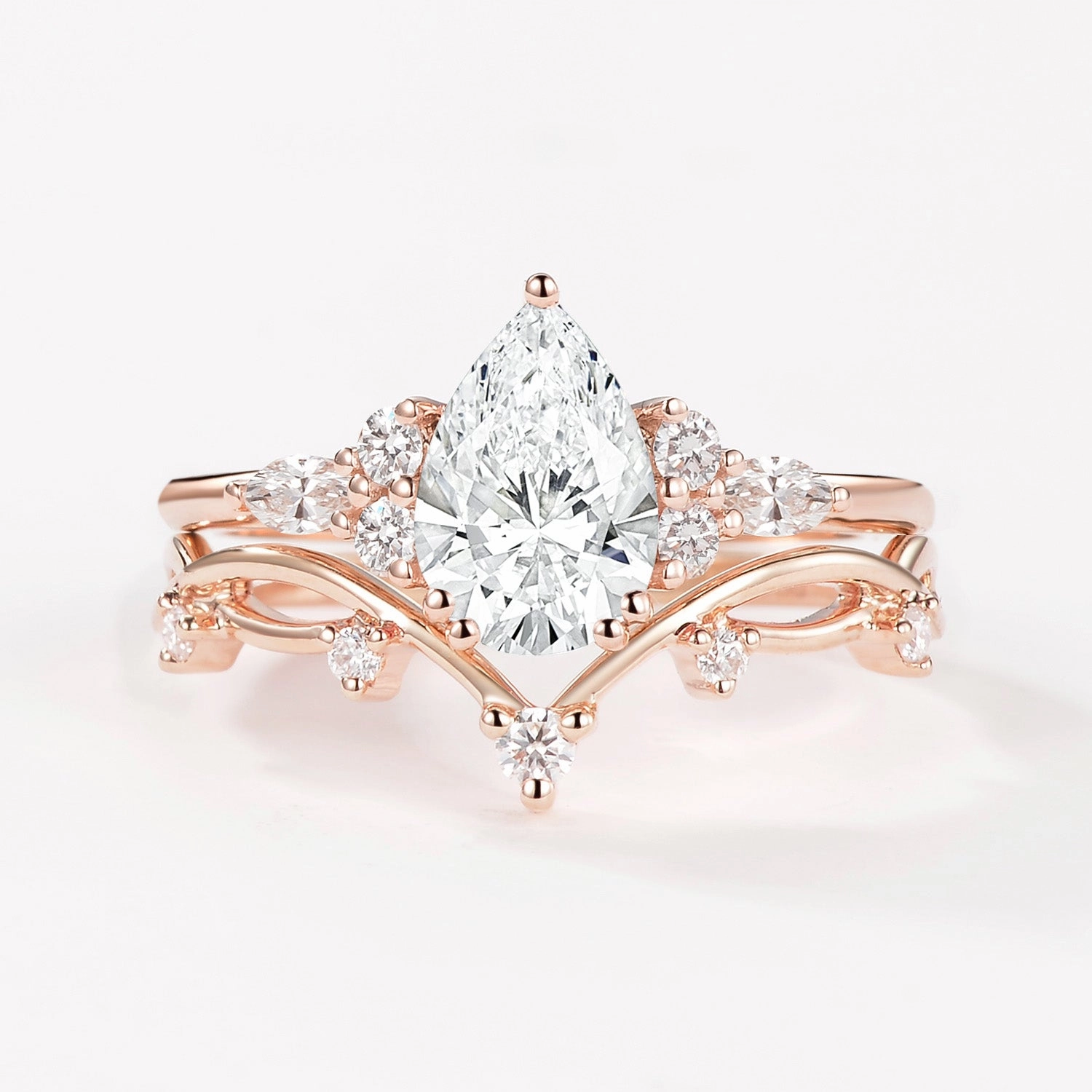 Trend Focus 1.0ct Pear Lab Grown Diamond Leafy Ring Set 2pcs - Ona