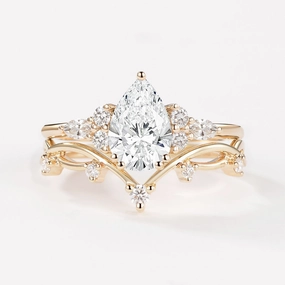 Fashion Focus Clean Texture 1.0ct Pear Lab Grown Diamond Leafy Ring Set 2pcs - Ona