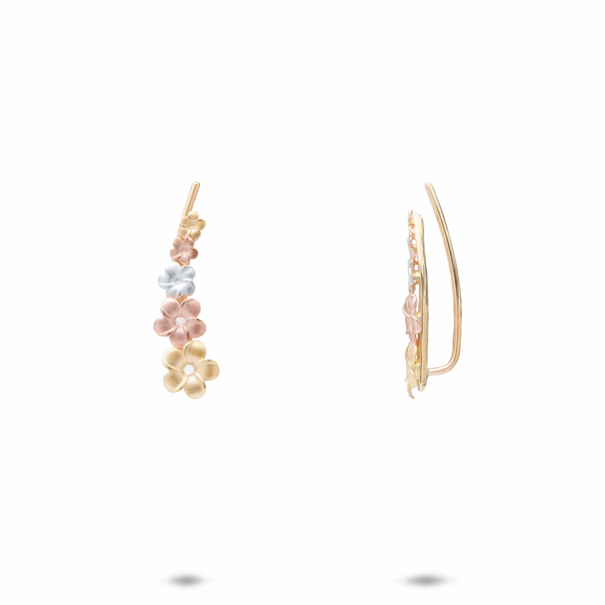 Artistic Trinket Party Embellishment Plumeria Climber Earrings in Tri Color Gold with Diamonds - 19mm